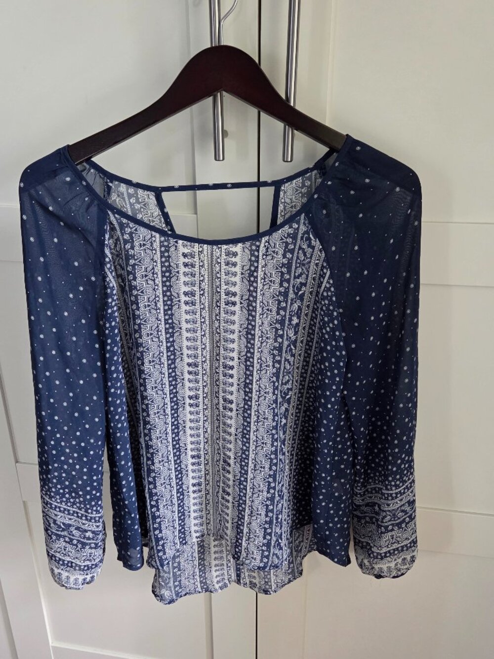 Blu Pepper Vintage Blue and White Print Top with small cut out at back neck